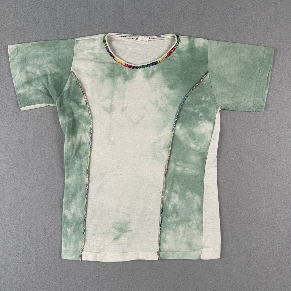 Vintage 70s Buccaneer Panel Knit T Shirt Women's XS Green Tie Dye Hippie Boho